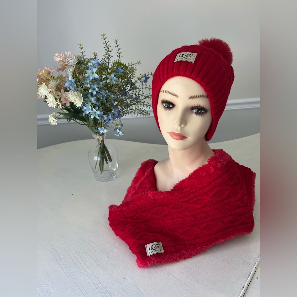 UGG Vibrant Red Knit Beanie and Scarf Set